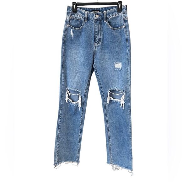PRETTYLITTLETHING RIPPED LONG LEG STRAIGHT JEANS UK Size 10 US Size 6/28 - Picture 2 of 15